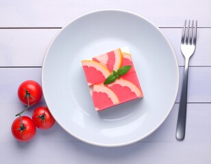 Pink grapefruit dessert on plate, topped with slices and basil.  Two tomatoes beside