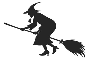 Halloween Witch Silhouette Flying on Broomstick Isolated on White