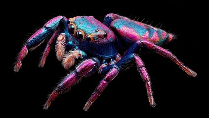 A vibrant jumping spider, showcasing stunning iridescent colours against a stark black backdrop.