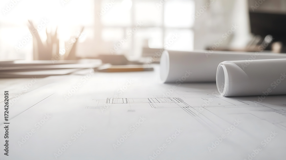 Poster blueprint for construction - architect's design on a desk with rolled plans and tools. drafting a bu