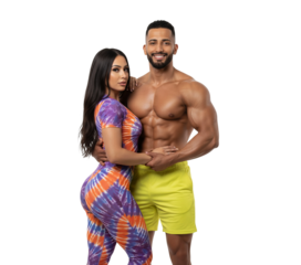 Portrait of a happy and healthy athletic couple, the shirtless muscular man and his partner in a colorful jumpsuit, Isolated on a Transparent Background PNG