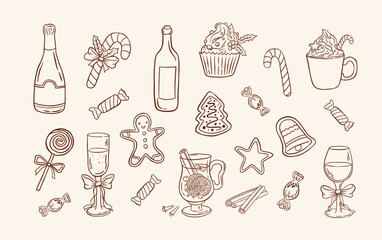Hand drawn vintage Christmas sweets and beverage vector illustration. Candy, cupcake, lollipop, gingerbread, mulled wine, champagne icon set. Winter holiday clipart.