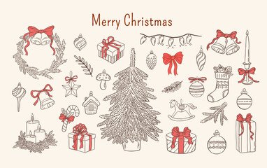 Hand drawn vintage Christmas decoration set with Xmas tree, wreath, bell, gift, candle vector illustration. Winter holiday clipart. Happy New Year.