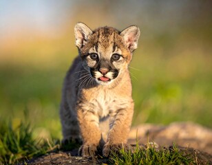 Cute cougar cub stands on grassy knoll