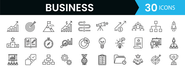 Minimal business and corporate line icon set showing growth, success, teamwork, strategy, planning, leadership, achievement and productivity symbols for professional projects