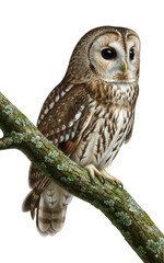 An accurate scientific illustration of a Tawny Owl (Strix aluco) perched on a branch, with a transparent background