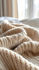 Soft, cream-colored knitted garment, draped over a bed. Natural light streams through sheer curtains. Close-up view of textured knit