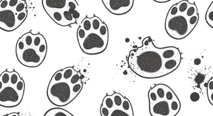 Fototapeta premium Black and white paw prints scattered across a white background, creating a pattern.