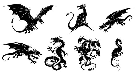 Naklejka premium Silhouette collection of various dragons in different poses.