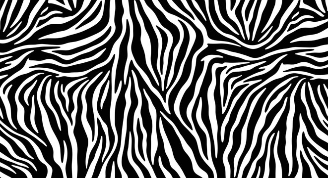 A close-up, seamless black and white zebra stripes animal print pattern, creating a bold and abstract textured background.