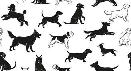 Seamless pattern of various dog breeds in black and white silhouettes, showcasing different poses and sizes on a white background.