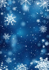 Fototapeta premium A blue background with white snowflakes and bokeh lights outdoors nature.