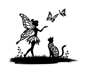 A black silhouette design featuring elegant and cute fairy girl, with a black cat and butterflies 
