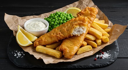 Crispy fried fish and chips, served with peas and tartar sauce, on a dark stone plate, illuminated by natural light.