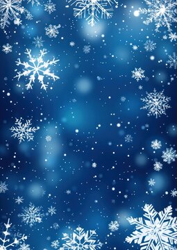 A blue background with white snowflakes and bokeh lights outdoors nature.