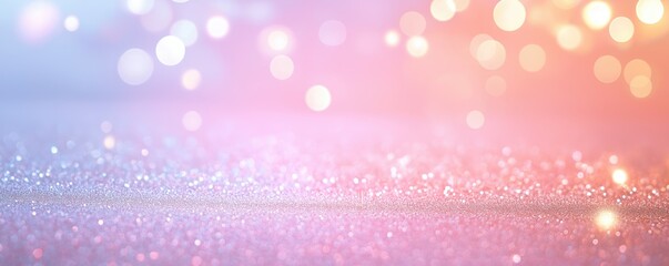 Dreamy, pastel-colored abstract background with bokeh effects. It features a gradient of soft blue and pink hues with glittering particles and blurred light spots across the surface.