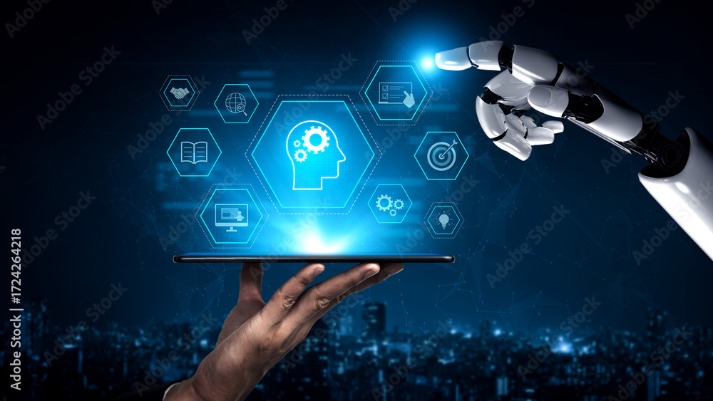 Poster ai or human-driven skill acquisition and training with icons of knowledge, goals, task management, a