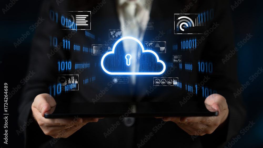 Poster cloud computing enables digital growth with secure data storage, scalable infrastructure, and strate