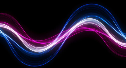 Abstract wave pattern with blue, white, and pink light trails on a black background.