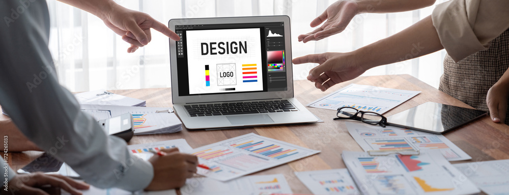 Poster graphic designer software for modern design of web page and commercial brisk ads showing on the comp