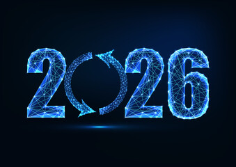 2026 New Year low poly glowing vector numbers with update loop arrow symbol in futuristic style