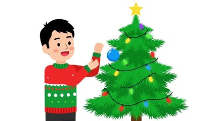 Animated boy joyfully decorates Christmas tree with ornaments, celebrating holiday cheer and festive spirit in a heartwarming family moment - Powered by Adobe