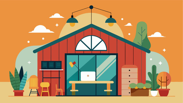 A blend of modern and vintage decor creates a unique and eclectic vibe in the barn perfect for a creative digital nomad.. Vector illustration