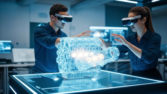 Two engineers in VR headsets collaborate on a holographic 3D engine model in a futuristic lab