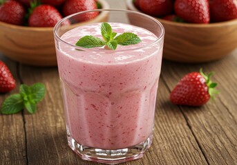 Glass of Strawberry Yogurt Smoothie with Mint Garnish on Rustic Wooden Surface