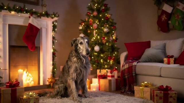 アイリッシュ・ウルフハウンドが飾り付けられたリビングの隅に座り、クリスマスライトが柔らかく室内を照らすシーン。
温かな光と赤・緑・金の装飾が、居心地の良い冬のホリデー雰囲気を演出。