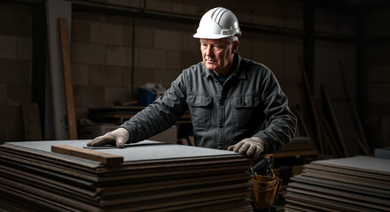 Focused elderly man in safety gear examining drywall sheets in a dimly lit workshop environment, construction concept of building materials supplier