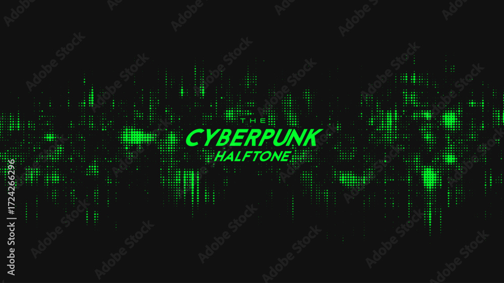 Poster abstract vector green cyberpunk halftone sound wave. scrathed dotted texture element.