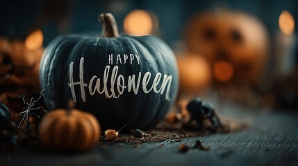 Happy Halloween text on dark pumpkin with other pumpkins and bokeh lights.