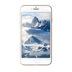 A white smartphone displaying a landscape image of snow-capped mountains and clouds