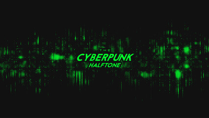 Abstract vector green cyberpunk halftone sound wave. Scrathed dotted texture element.