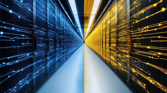 Illuminated Pathways of Data: A Digital Server Room's Visual Representation