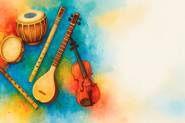 Circle made of diverse world musical instruments in promotional style for Friendship of Peoples with copy space