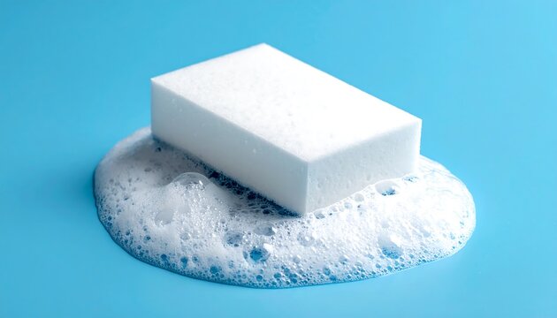A white sponge resting in a puddle of soapy suds on a bright blue background