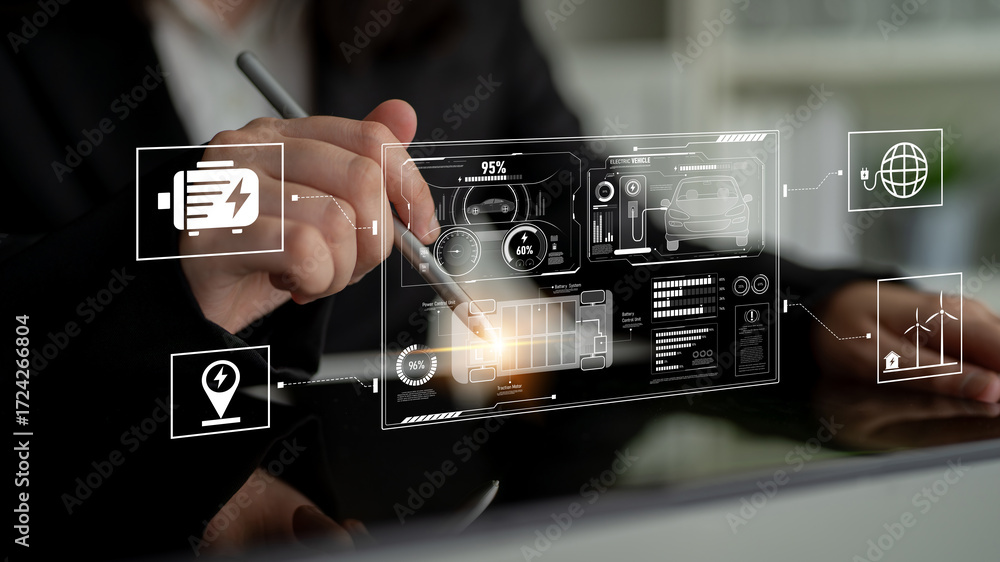 Poster smart interface showing electric vehicle performance, battery system, power control, charging status