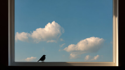 Bird perched on window ledge silhouetted against bright blue sky with fluffy white clouds during daylight, casting shadows indoors with warm sunlight streaming.