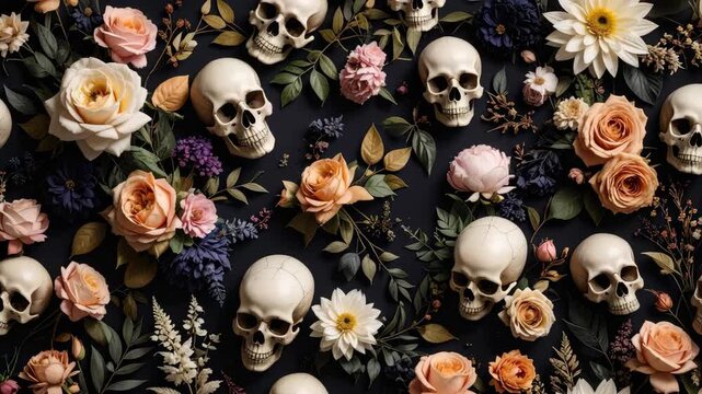Human skulls and blooming flowers creating a seamless pattern on a dark backdrop, blending life and death aesthetics in a floral arrangement.