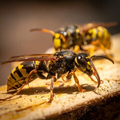 Fototapeta premium Close-up of two wasps on wood