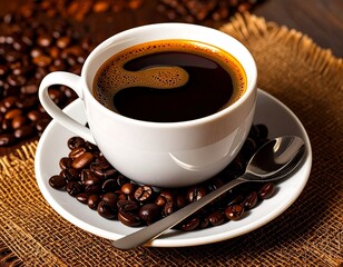 Rich, dark coffee in white cup, surrounded by coffee beans on burlap