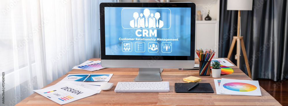 Poster customer relationship management system on brisk computer for crm business and enterprise