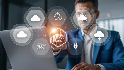 Man in blue suit interacting with wind energy icon on laptop screen in modern office setting - Powered by Adobe
