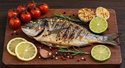 A grilled fish dish is presented on a wooden cutting board, garnished with fresh herbs, citrus fruits, and garlic cloves, showcasing a flavorful culinary preparation.