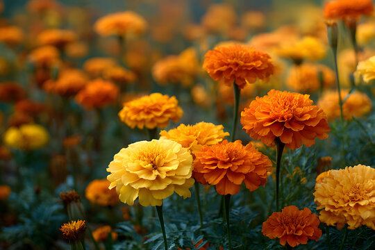 Flowers called marigolds on a summer flowerbed. Marigolds on a flowerbed. Many yellow and orange flowers on a meadow. - Powered by Adobe