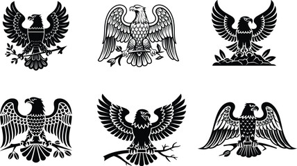 Fototapeta premium Set of Black Heraldic Eagles Vector Illustrations - Majestic Emblems, Crests, and Symbols for Design, Logos, and Tattoos on Transparent Background. 