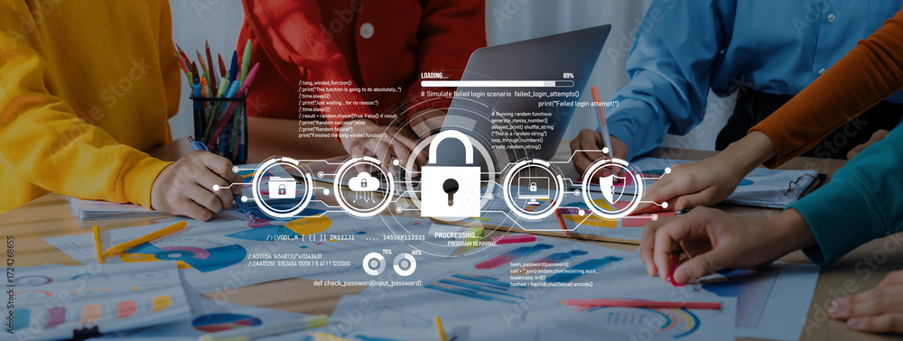 Poster diverse team engaged in a dynamic discussion on cybersecurity solutions with colorful documents and 