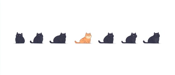 Odd One Out: A Row of Cats, One Orange Cat Among Black Cats